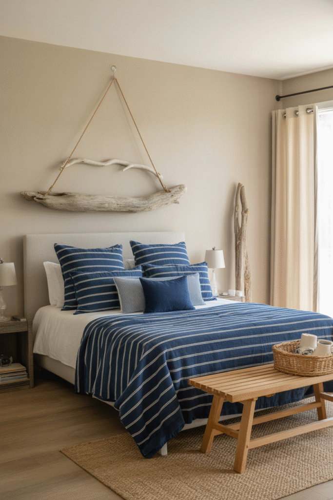 A beachy navy palette with natural textures evokes coastal calm.

