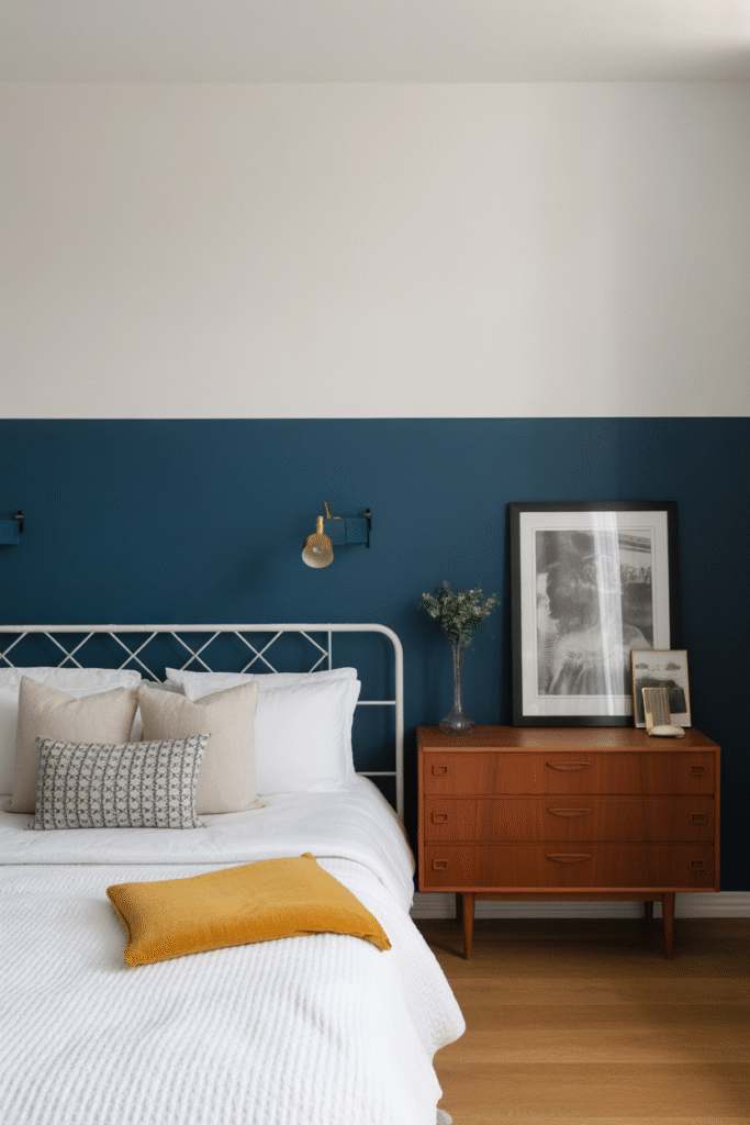 Two-tone navy and white walls add architectural interest to a bedroom.

