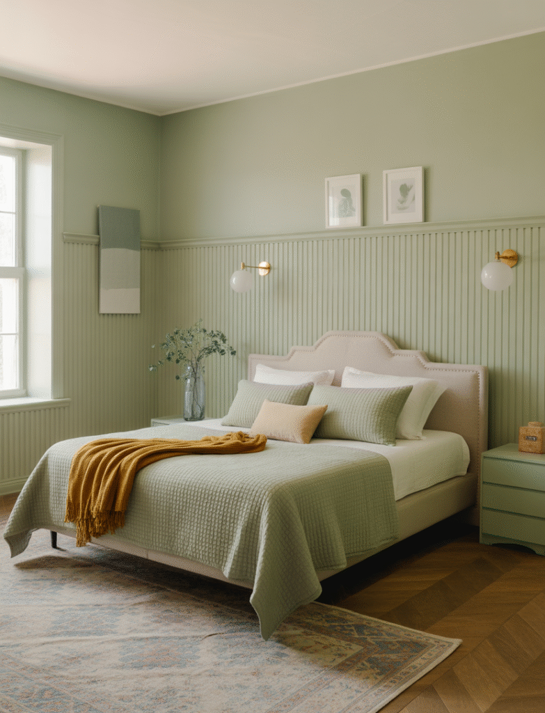 Bedroom with sage green wainscoting or board and batten panels along the lower walls, paired with light walls above and cozy bedding for a balanced, timeless look.