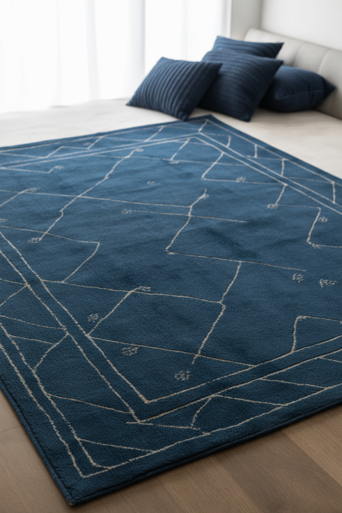 A navy area rug anchors a softly styled bedroom space.

