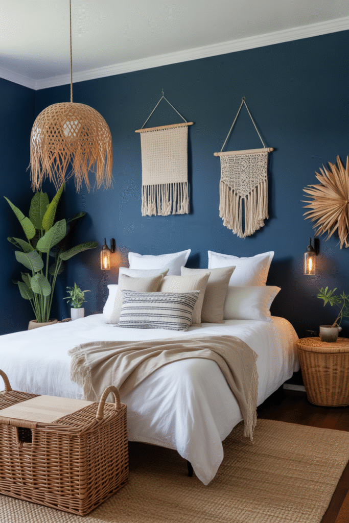 Bohemian textures soften a navy bedroom with natural warmth.

