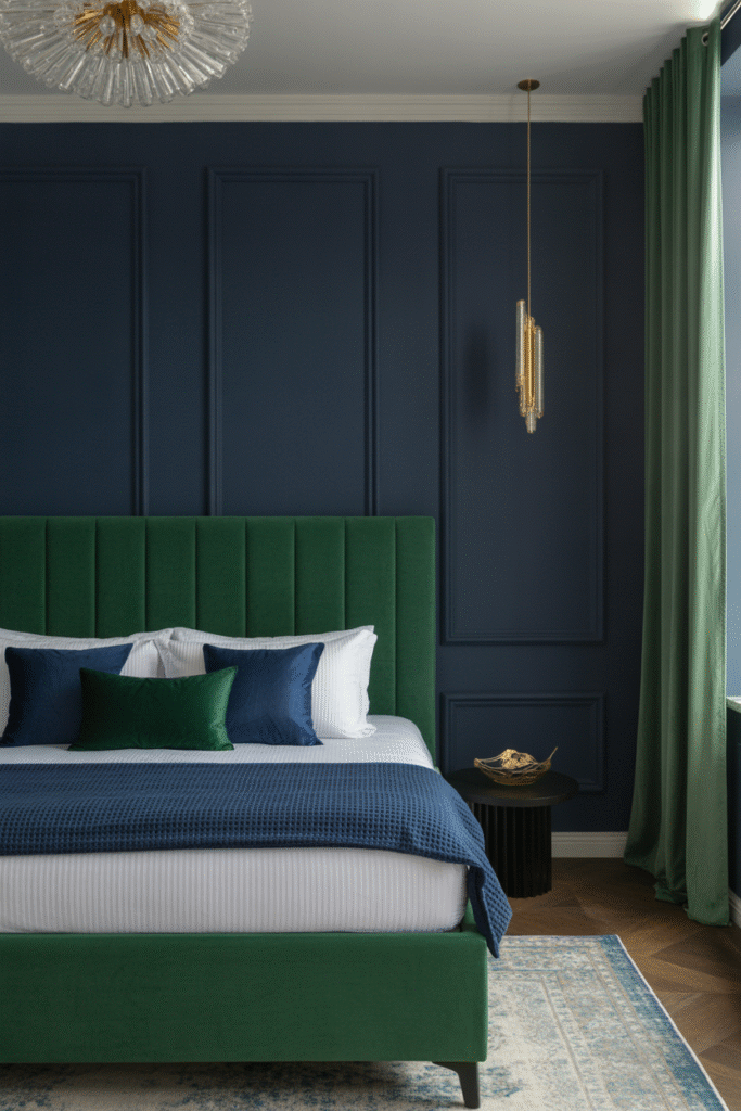 A moody navy and green palette gives the bedroom a bold, luxe feel.

