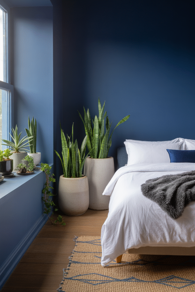 Greenery adds vibrant life to a navy-toned bedroom retreat.

