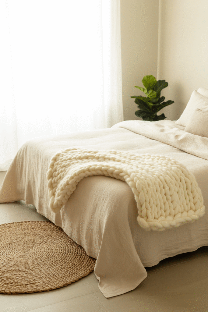 Minimalist boho bedroom featuring natural textures like a knit throw and jute rug without visual clutter.

