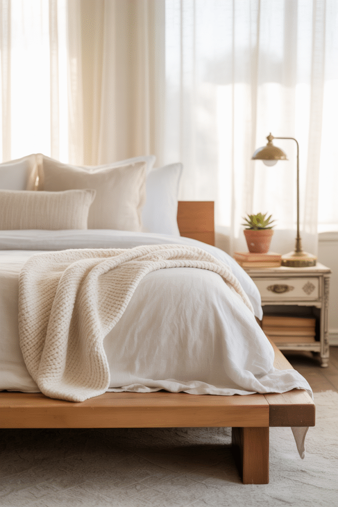 Bedroom with low-profile wood furniture and vintage accents in a cozy, minimal boho style.