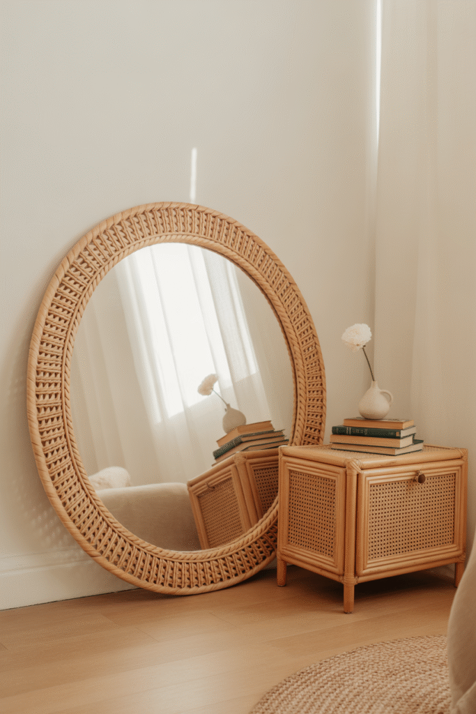 Subtle rattan and cane elements add warmth to a minimalist boho bedroom.

