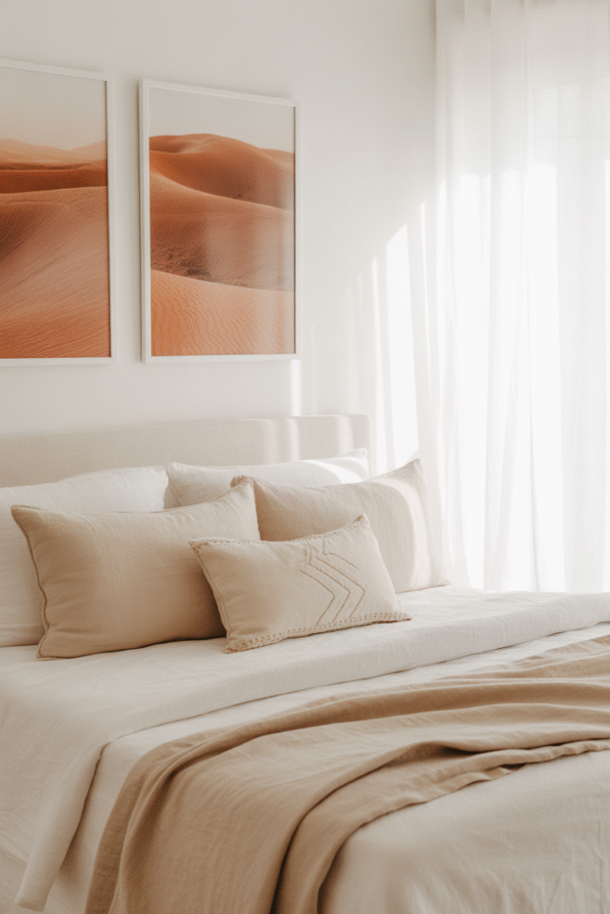 Minimal wall art with earthy tones brings quiet style to a neutral boho bedroom.

