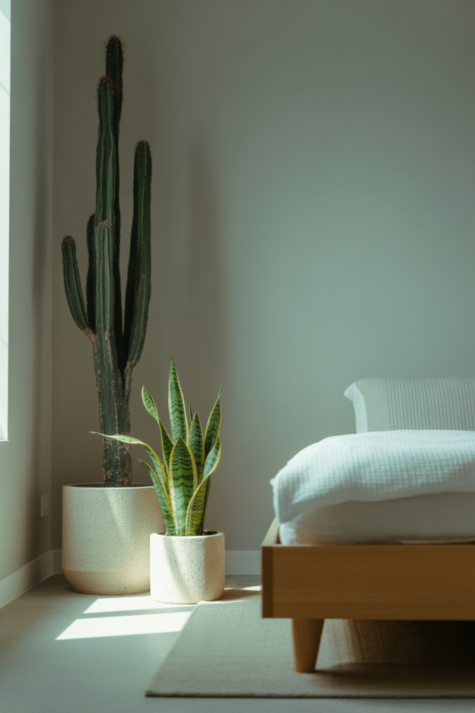 Sculptural greenery adds natural life to a minimal boho room without overwhelming the space.

