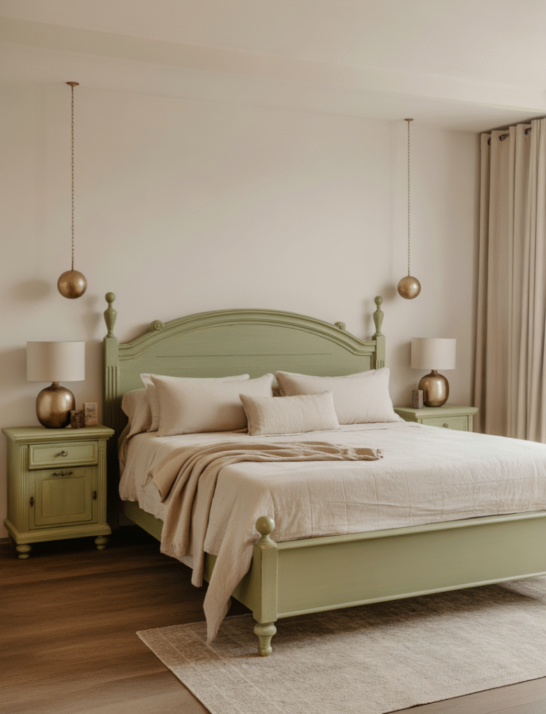 Bedroom with a sage green bed frame, paired with white or cream bedding and warm metallic accents for a serene and grounded yet elegant atmosphere.