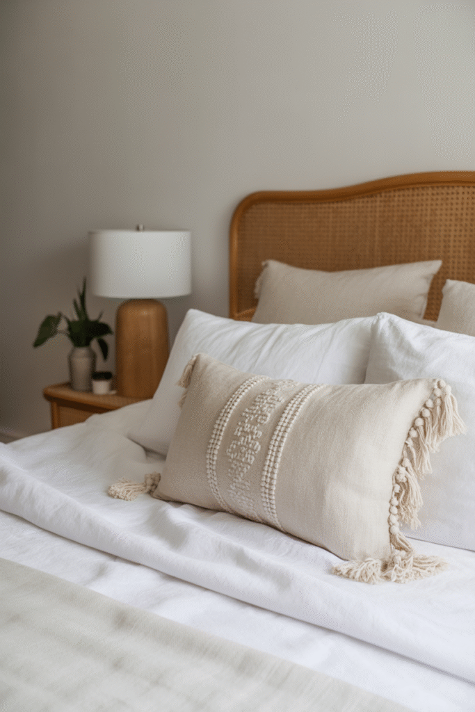 Minimal boho bedding in soft textures and light neutrals evokes a peaceful, cloudlike feel.