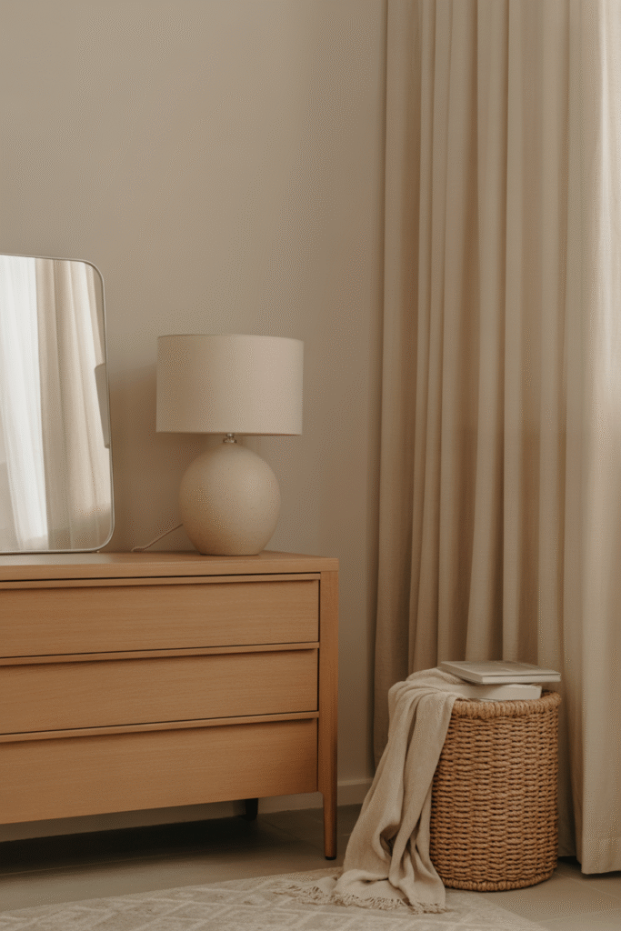 Vintage and modern pieces combine for personality in a minimal boho bedroom.

