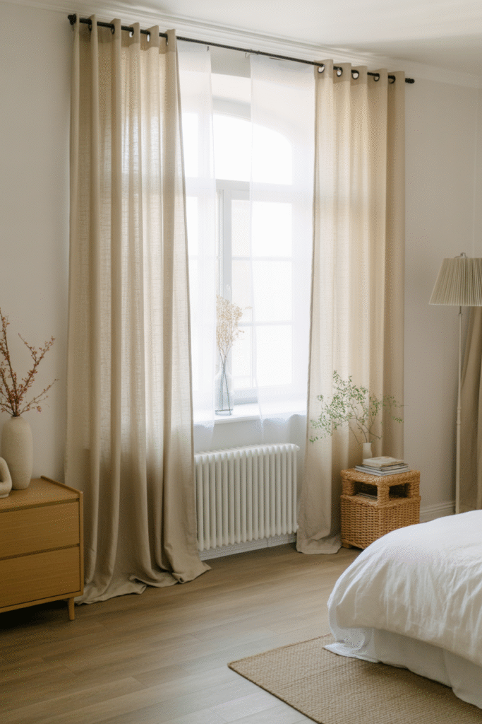 Natural light fills a minimalist boho room with sheer curtains and soft textures.

