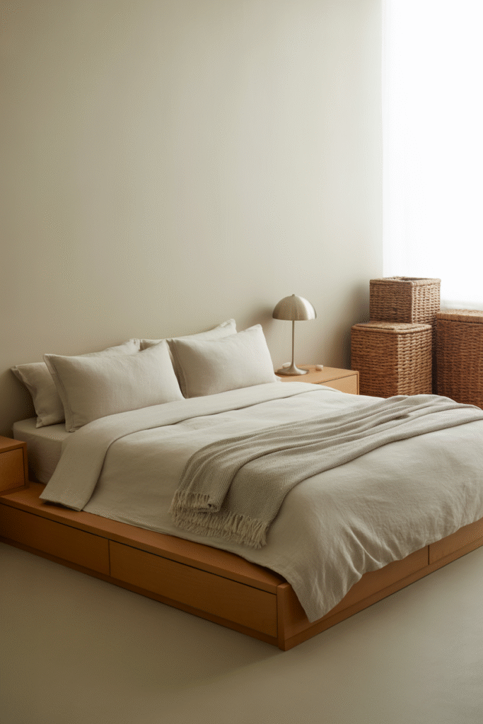 Hidden storage blends into a calm, uncluttered boho bedroom design.

