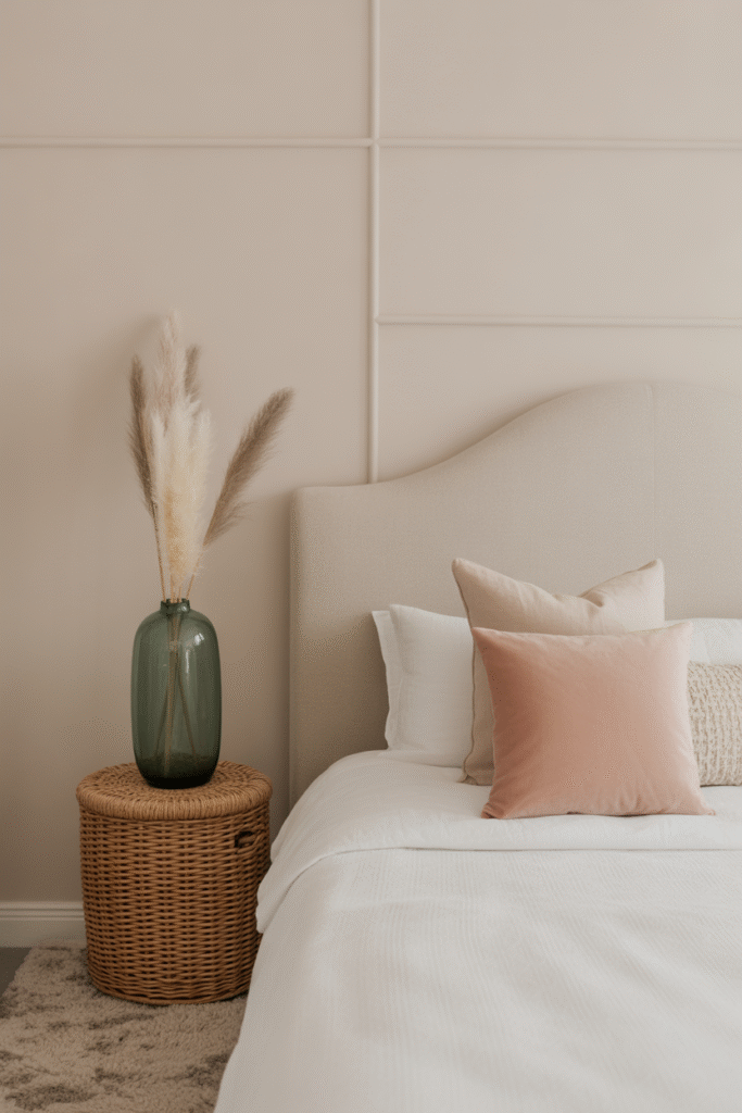 Muted green and blush accents add quiet color to a neutral minimal boho bedroom.

