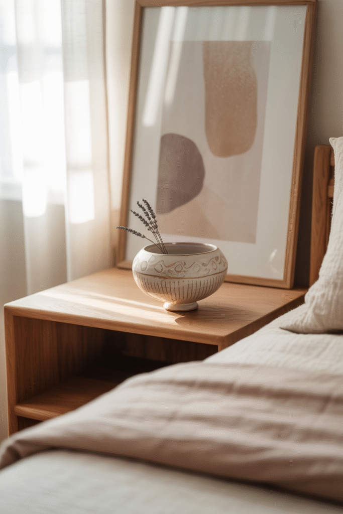 A thoughtfully styled bedroom with only meaningful objects, reflecting minimal boho design.

