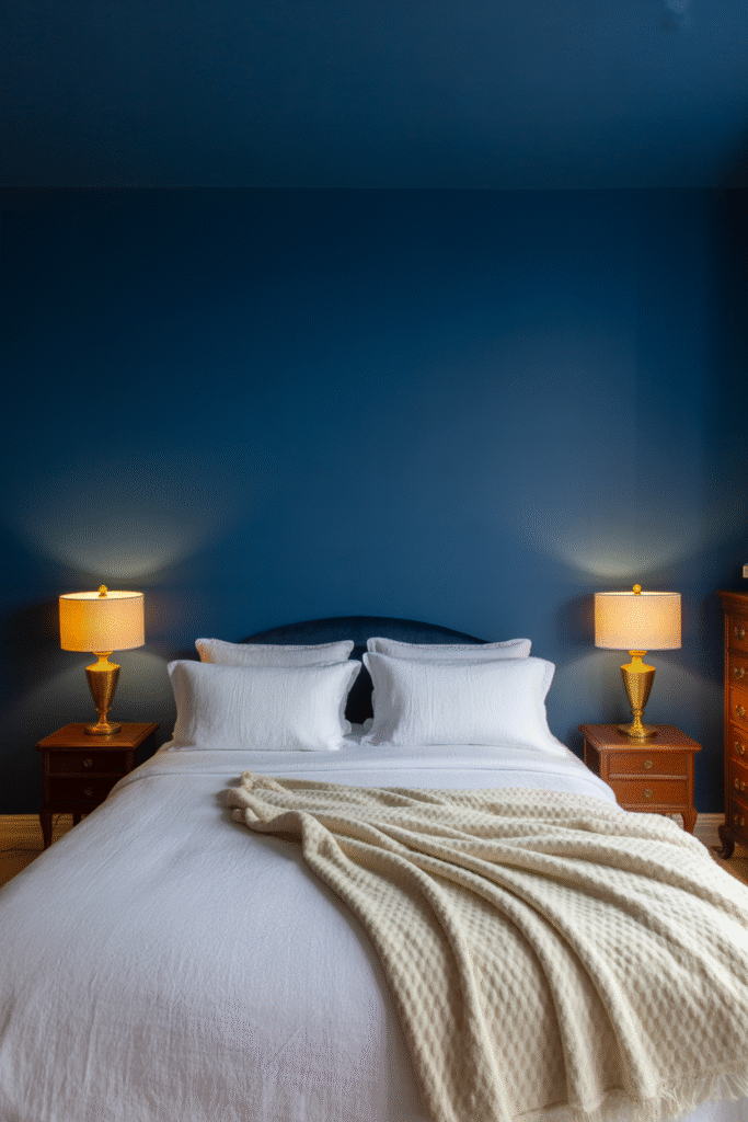 As a part of blue accent wall ideas this picture shows navy blue accent wall behind bed adds rich drama to a cozy, elegant bedroom with brass and wood accents.
