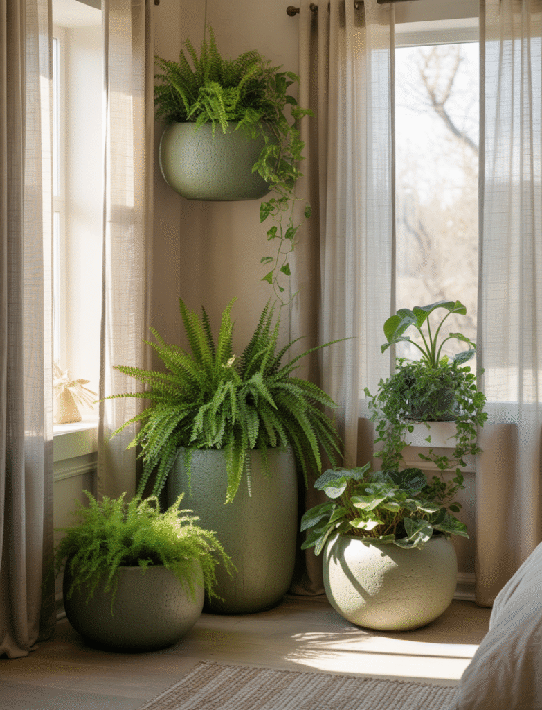 Bedroom with sage green planters holding lush greenery, placed near windows or corners, brightening the space and complementing the natural vibe of the room.