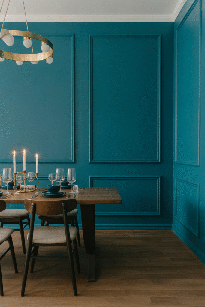 Peacock blue accent wall brings elegance and warmth to a modern dining room with gold and wood touches.