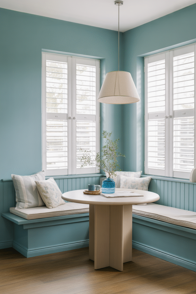Airy breakfast nook with sky blue accent wall adds brightness and softness to kitchen space