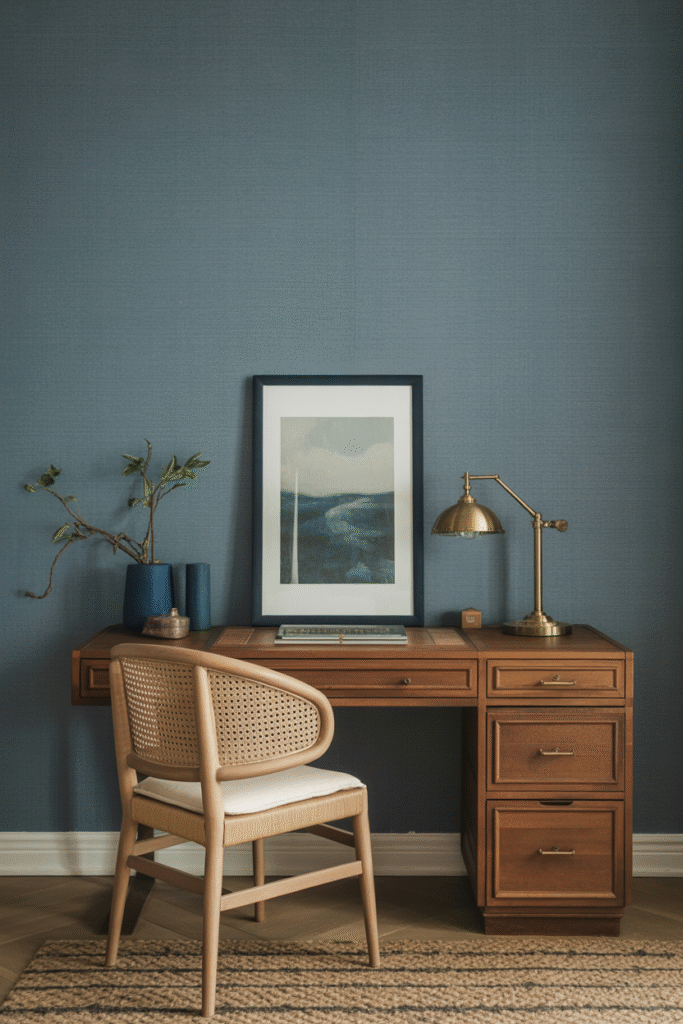extured blue grasscloth wallpaper adds richness to a modern home office setup.