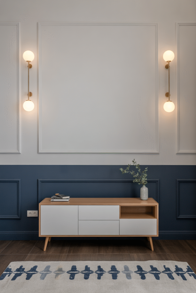 Two-tone blue and white wall adds timeless contrast and visual structure to a clean space