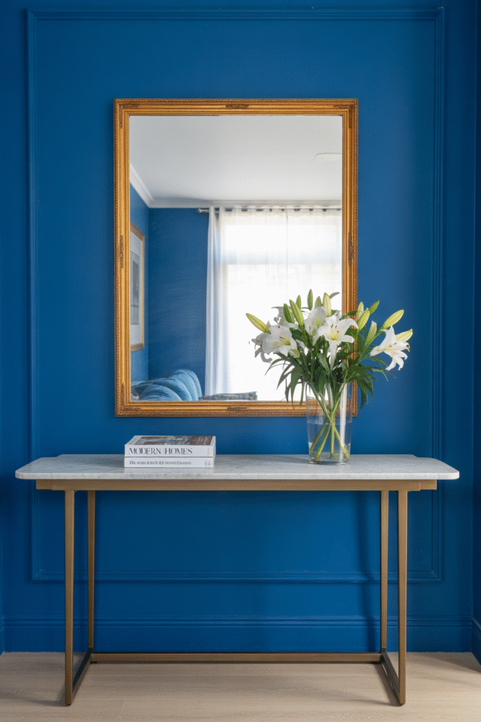 Cobalt blue entryway wall makes a bold, stylish first impression in a well-lit foyer.