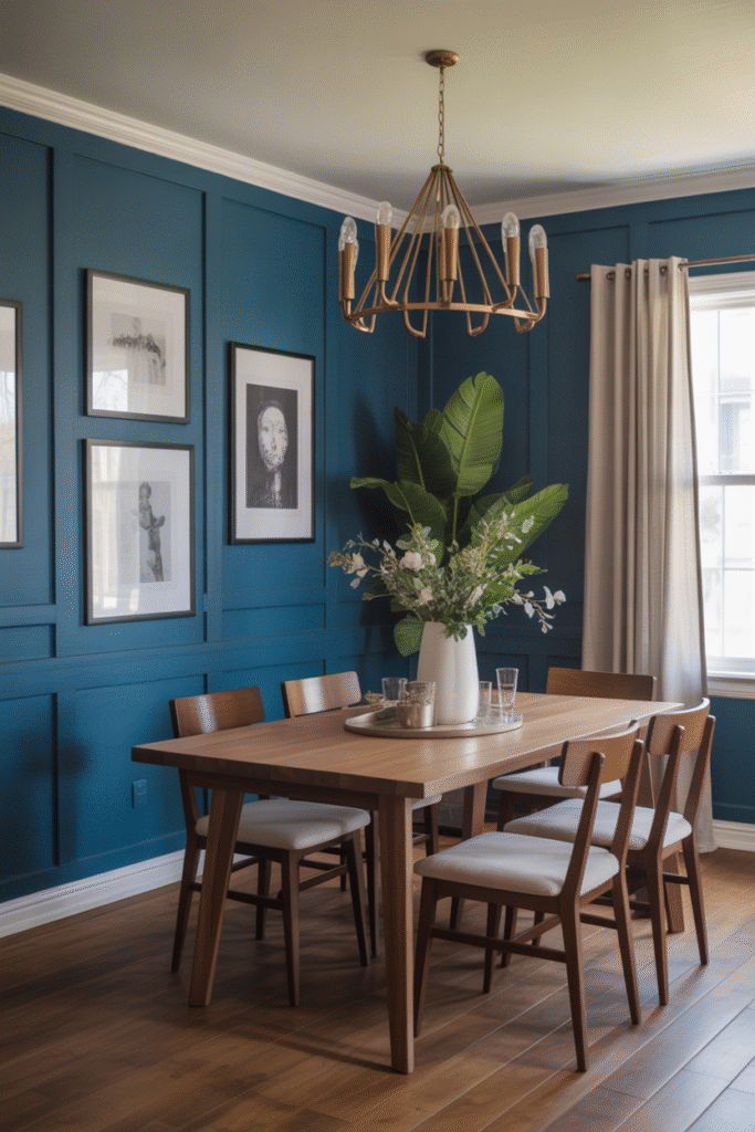 Blue board and batten wall adds texture and bold charm to a modern dining room.