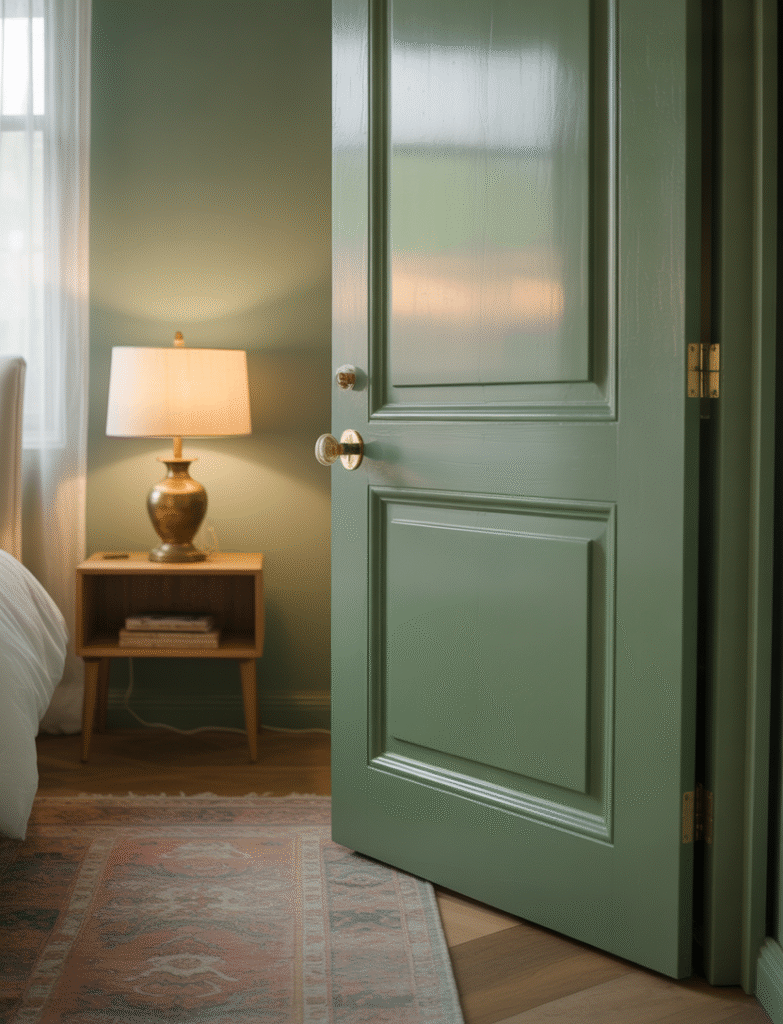 Bedroom with a sage green door, tying in with other room accents and complemented by matching hardware finishes in brushed brass or matte black.