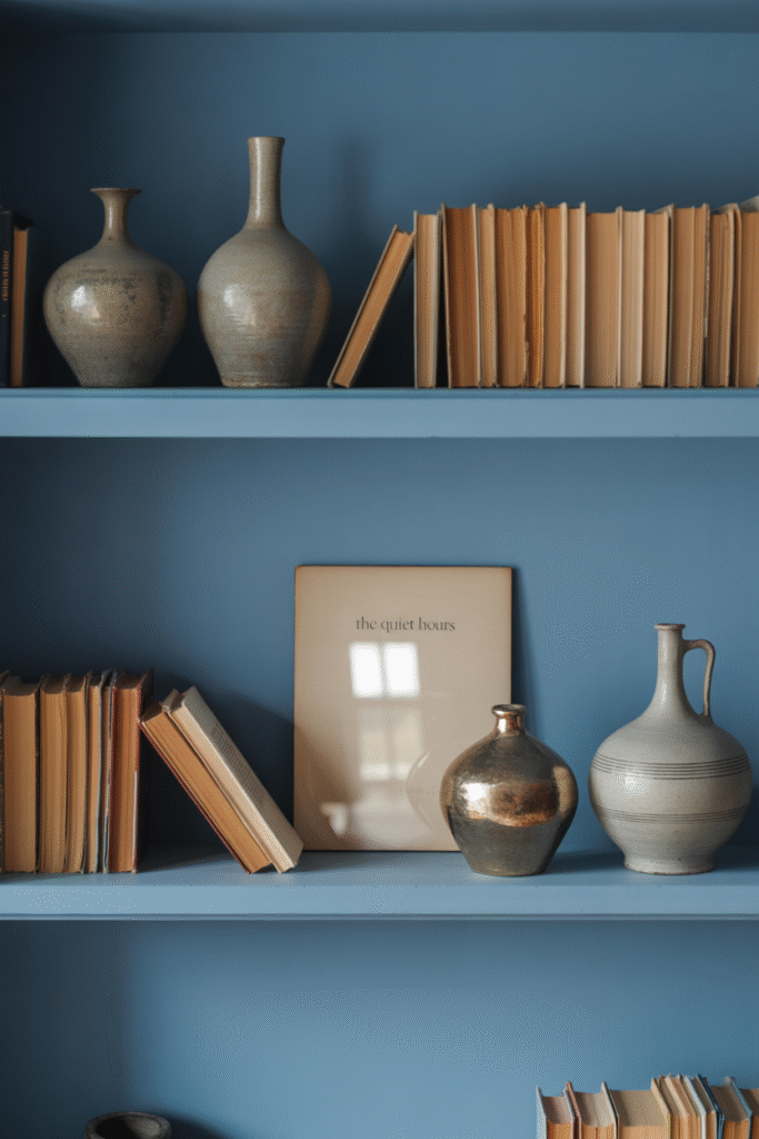 Ink blue behind open shelving makes decor and books pop with dramatic contrast.