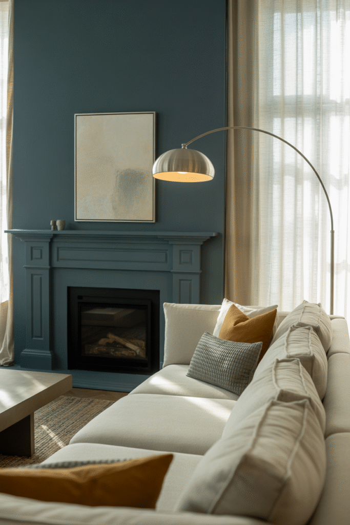 Slate blue accent wall around fireplace creates cozy elegance in a warm-toned living room.