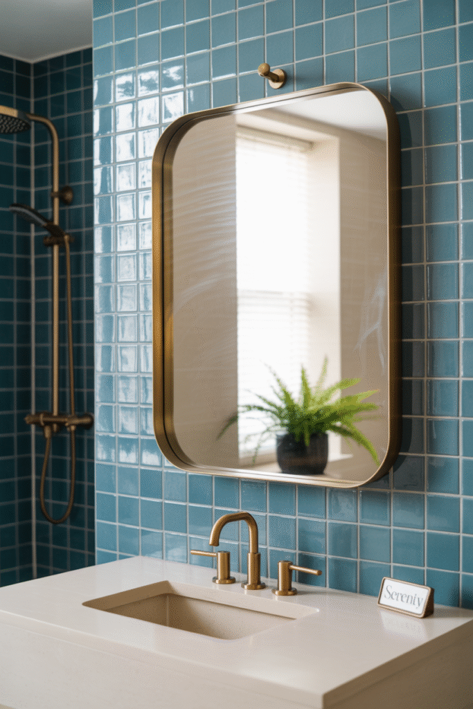 Blue tile accent wall adds shine and character to kitchen or bathroom with artisanal charm.