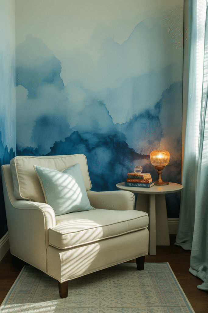 Blue watercolor wall mural brings softness and artistic charm to a cozy nook.