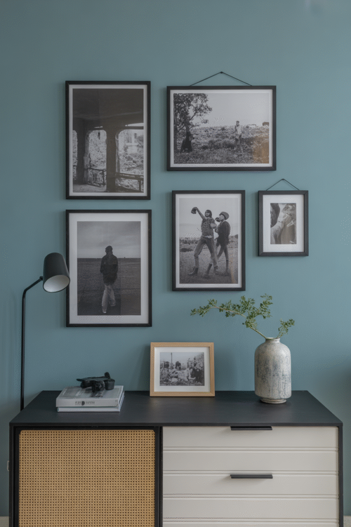 Blue watercolor wall mural brings softness and artistic charm to a cozy nook.