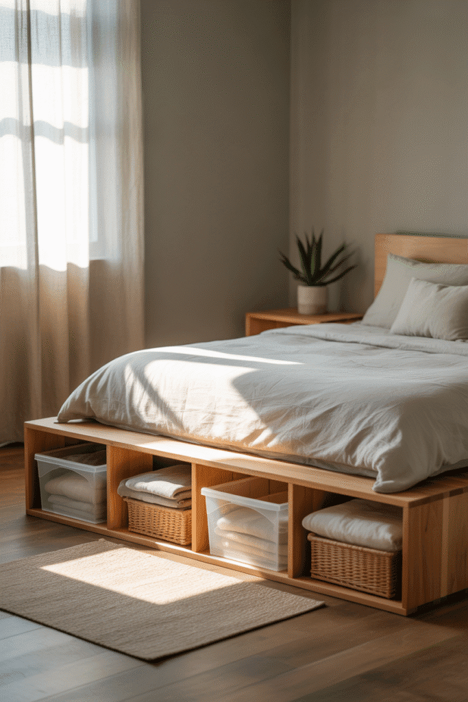 Neatly stored under-bed bins hold seasonal clothes in a small, organized bedroom.