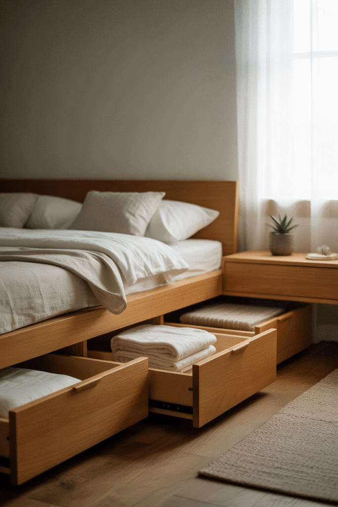 Storage bed with pull-out drawers maximizes space in a compact bedroom.

