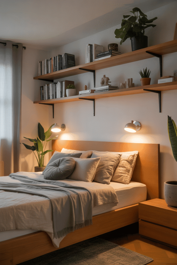 Floating shelves above bed provide vertical storage in a small space.


