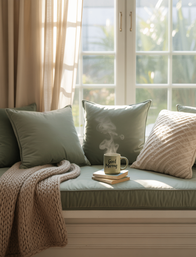 Bedroom with a window seat featuring sage green cushions and throw pillows, creating a comfortable, inviting spot that ties into the overall color palette.