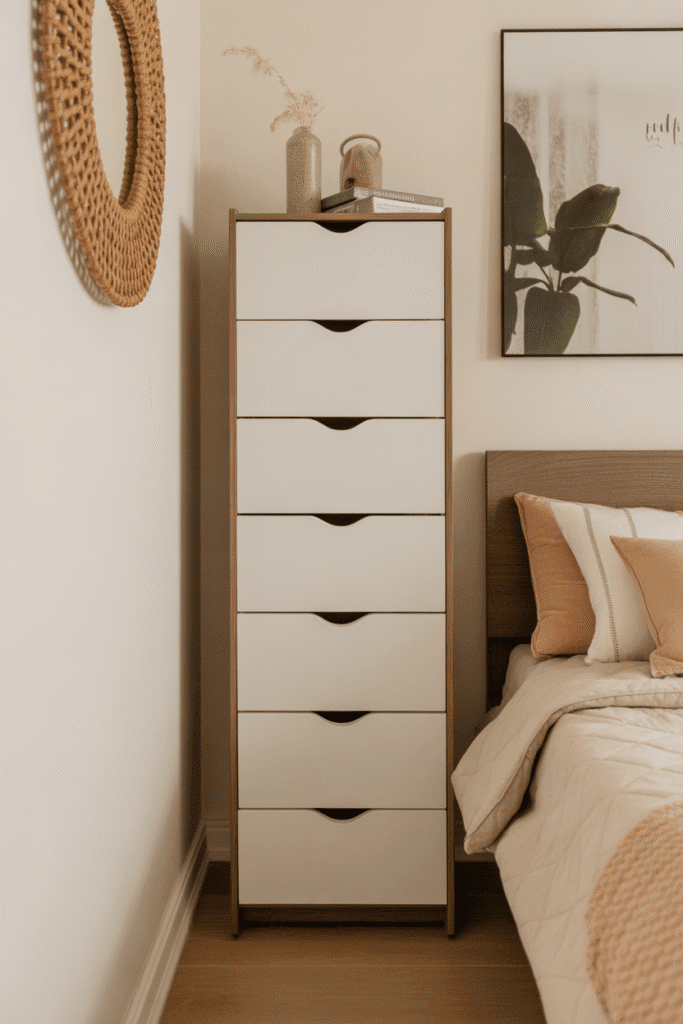 Space-saving tall dresser keeps small bedrooms organized and clutter-free.


