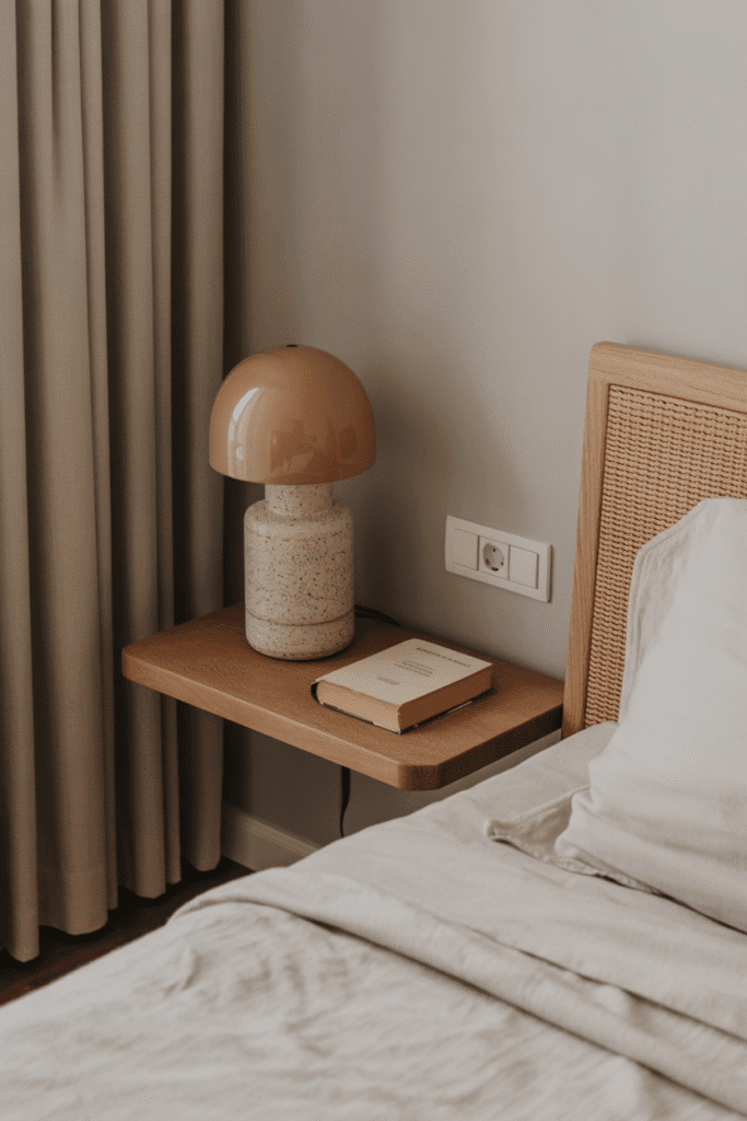 Wall-mounted shelf acts as a sleek, space-saving nightstand.

