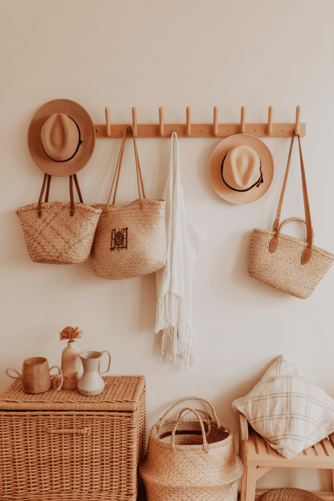 Peg rail organizes accessories while adding decorative charm to small bedroom walls.