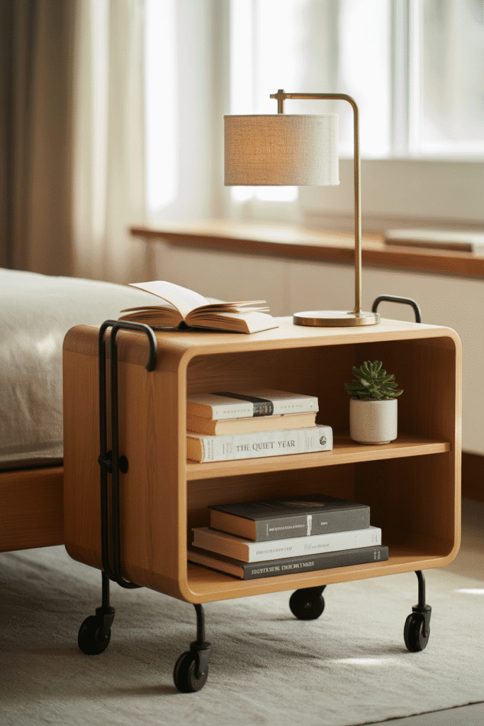 Rolling cart doubles as a mobile nightstand in tight bedroom layout.

