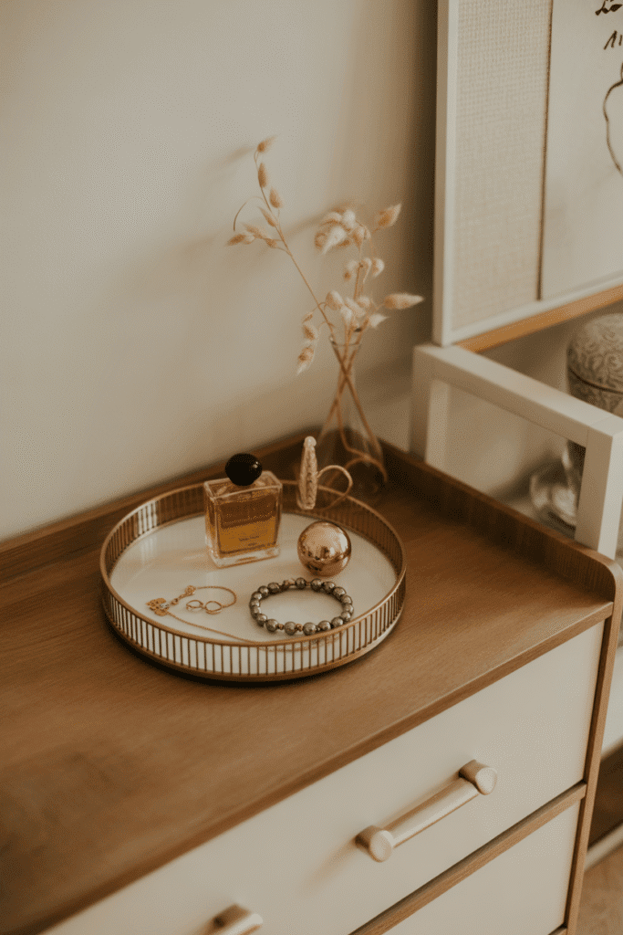 Stylish trays contain clutter and add organization to bedroom surfaces.

