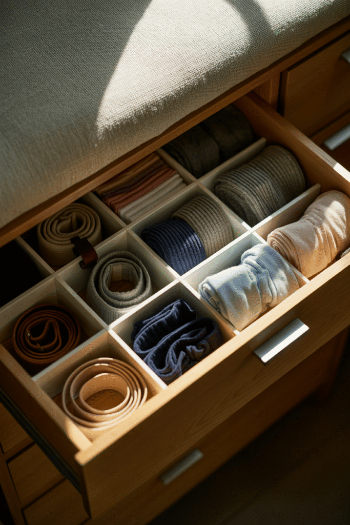 Drawer dividers keep clothes tidy and easy to access in small bedroom storage.

