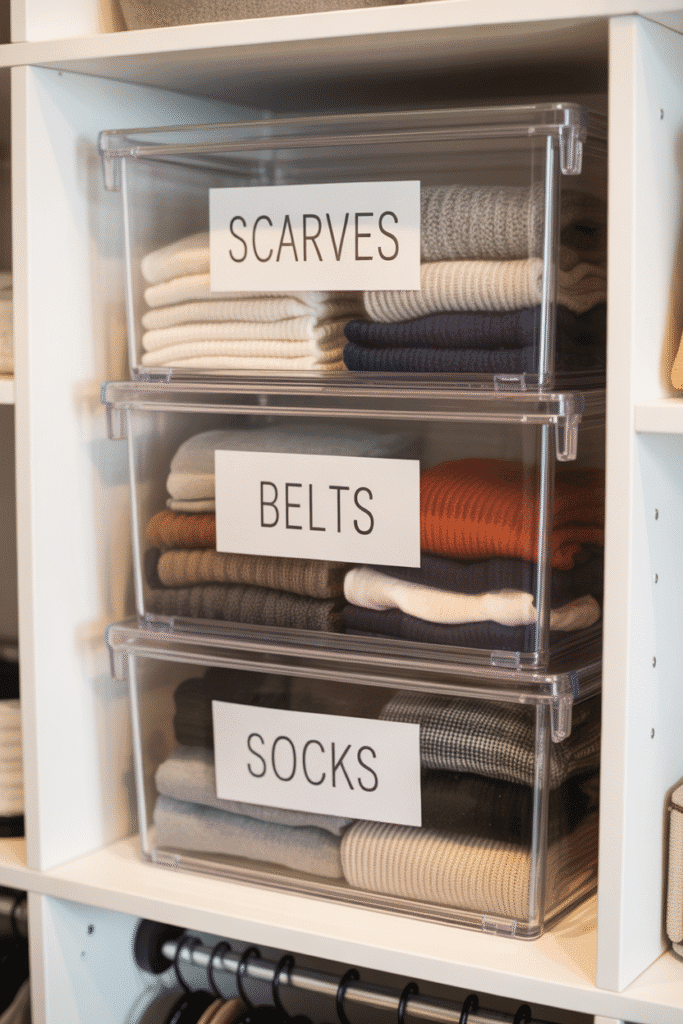 Stackable bins optimize vertical closet space for small bedroom organization.

