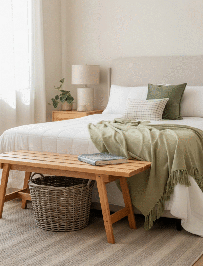 Bedroom with a sage green throw blanket draped over a wooden bench at the foot of the bed, paired with a woven basket for added texture and storage.