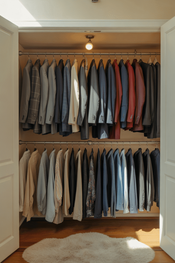 Double closet rods double hanging space in a small bedroom closet.
