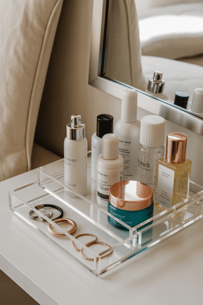 Acrylic organizers keep small items visible and tidy in tight spaces.

