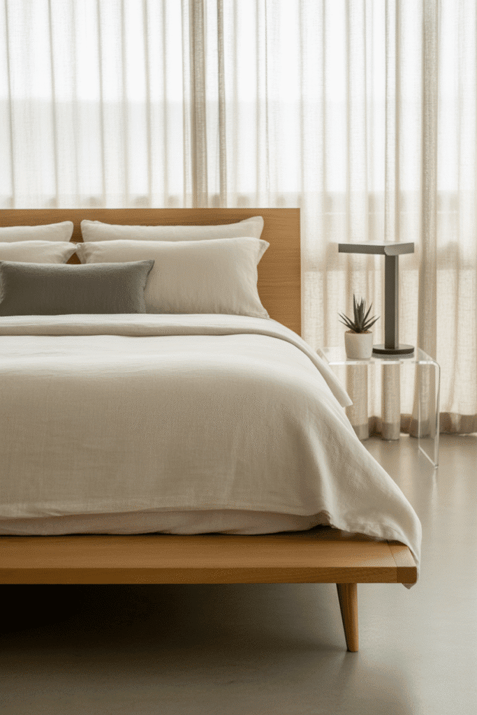  Airy furniture visually opens up small bedroom space.

