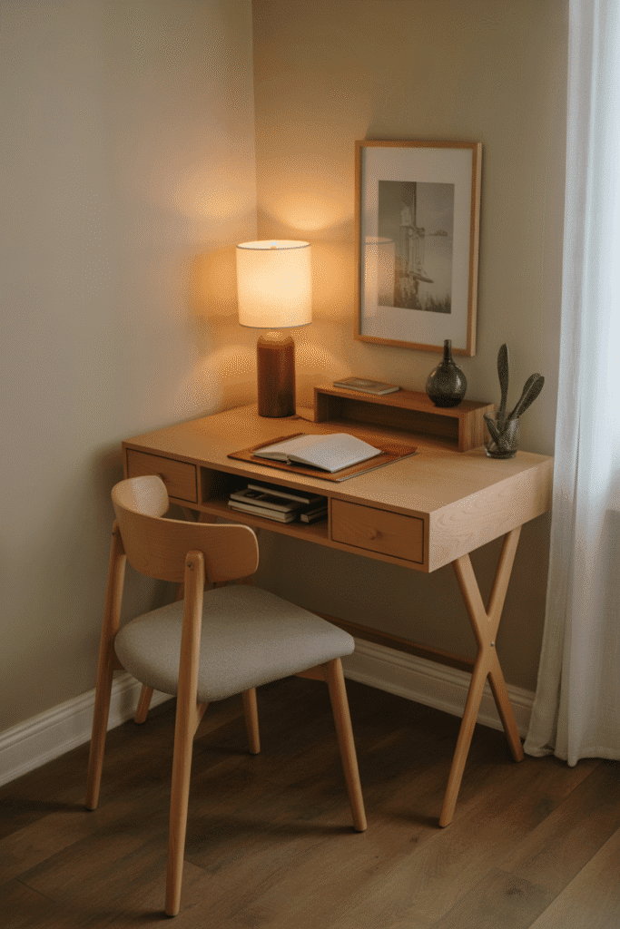  Compact desk fits neatly into bedroom corner without crowding the room.

