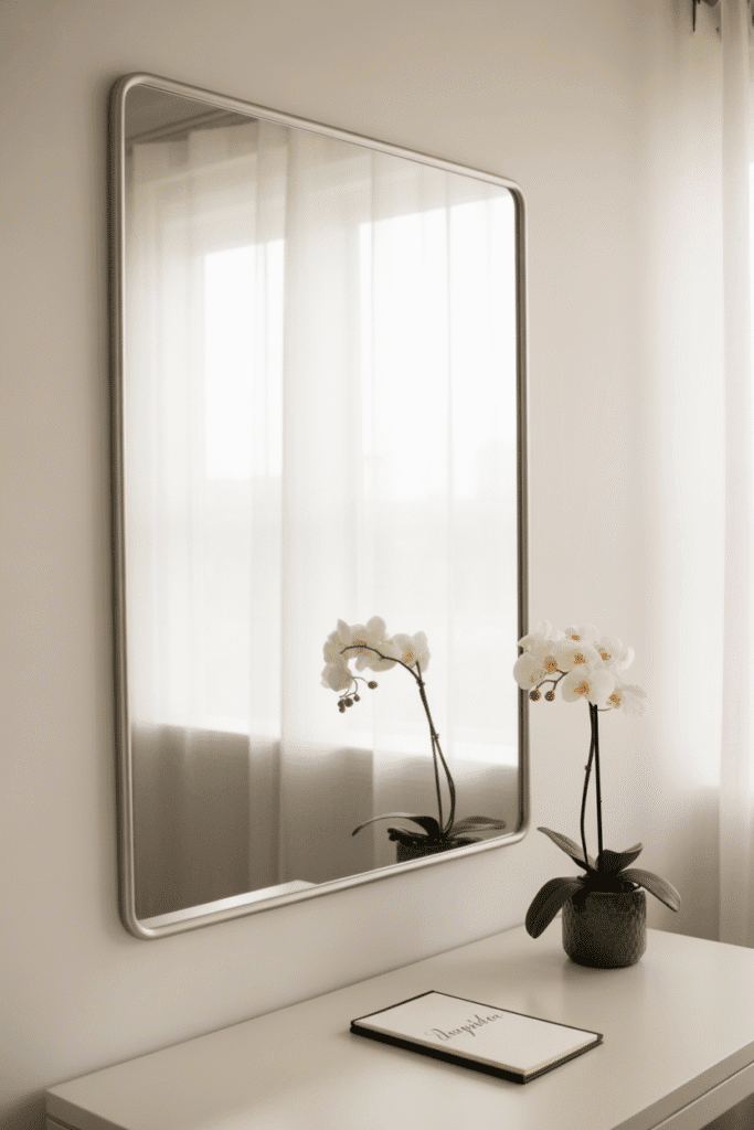 Hanging mirror makes small bedroom feel brighter and more open.

